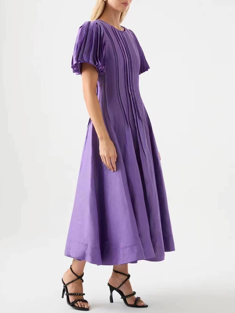 Purple Slim Long Dress For Women Round Neck Puff Sleeve High Waist Patchwork Pleasted A Line Dresses Female Spring Clothing