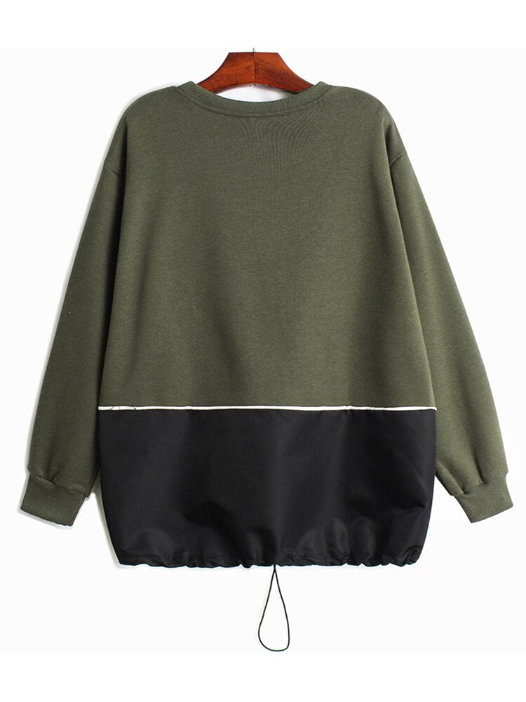 Women Army Green Pocket Casual T-shirt Round Neck Long Sleeve Tide Spring Autumn