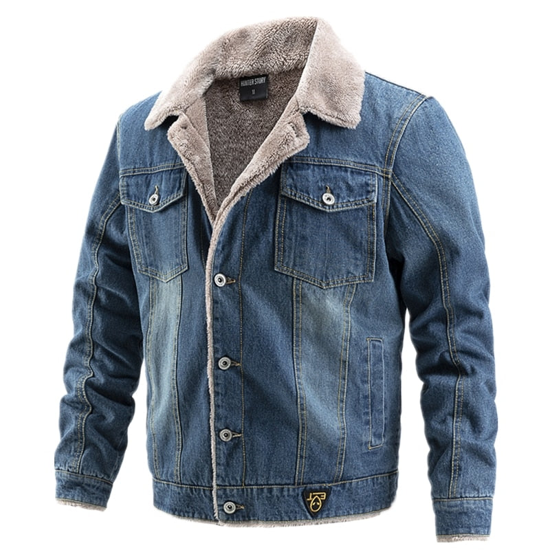 Velvet Thick Denim Jacket Men Casual Lapel Cotton Jeans Jacket Men Fur Collar Warm Winter Mens Jackets And Coats