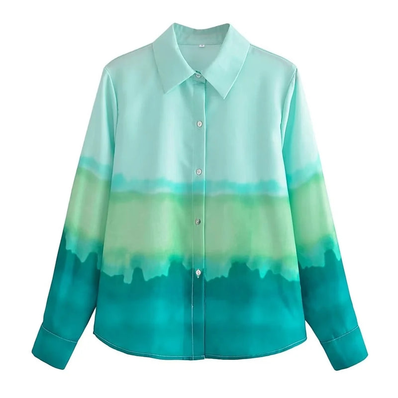 Vintage Gradient Ins Blouse Tie-Dyed Long Sleeve Autumn Shirts Casual Blouse Women