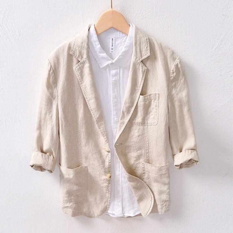 Mens Breathable Linen Coat Business Casual Thin Suits Premium Quality Multi-Pocket Simple Basic White Tops