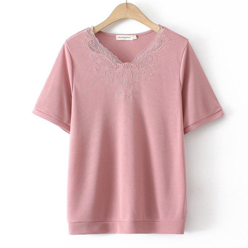 Women Clothing Fashion Lace Collar Ice Silk Knitting Embroidery Tops Casual Curve Tees Summer