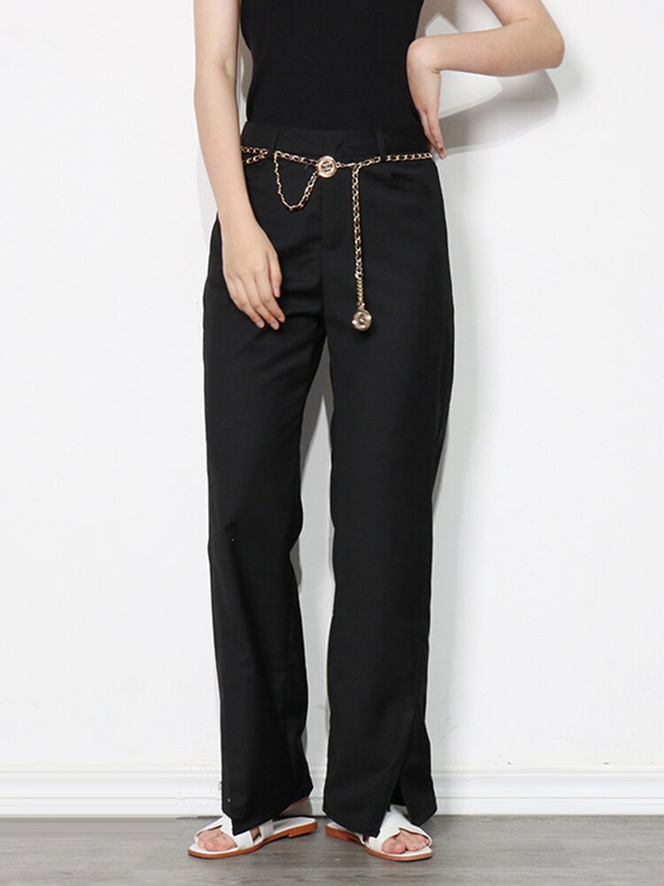 Minimalist Patchwork Chain Trousers For Women High Waist Flat Zipper Split Buttom Casual Wide Leg Pants Female Autumn