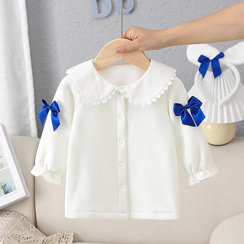 Autumn and Winter Kids Clothing Baby Girl Sets Plus Velvet Infant White Tops Blue Suspenders Dress Suit Children Clothes