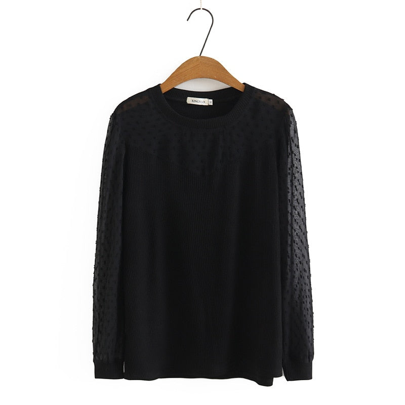 Autumn Tops For Women Cotton T-Shirt Casual Mesh Splice O-Neck Long Sleeve Curve Tees