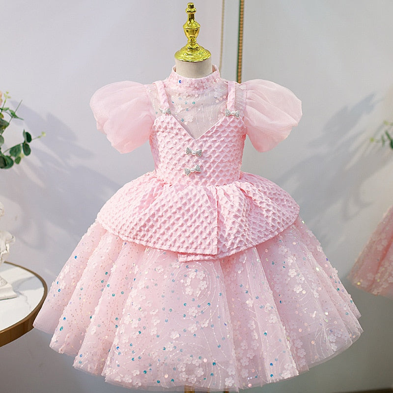 Pink Flower Girl Dress for Weddings Infant Sequined Princess Ball Gown Graduation Dresses for Kinder Girls Children Clothes