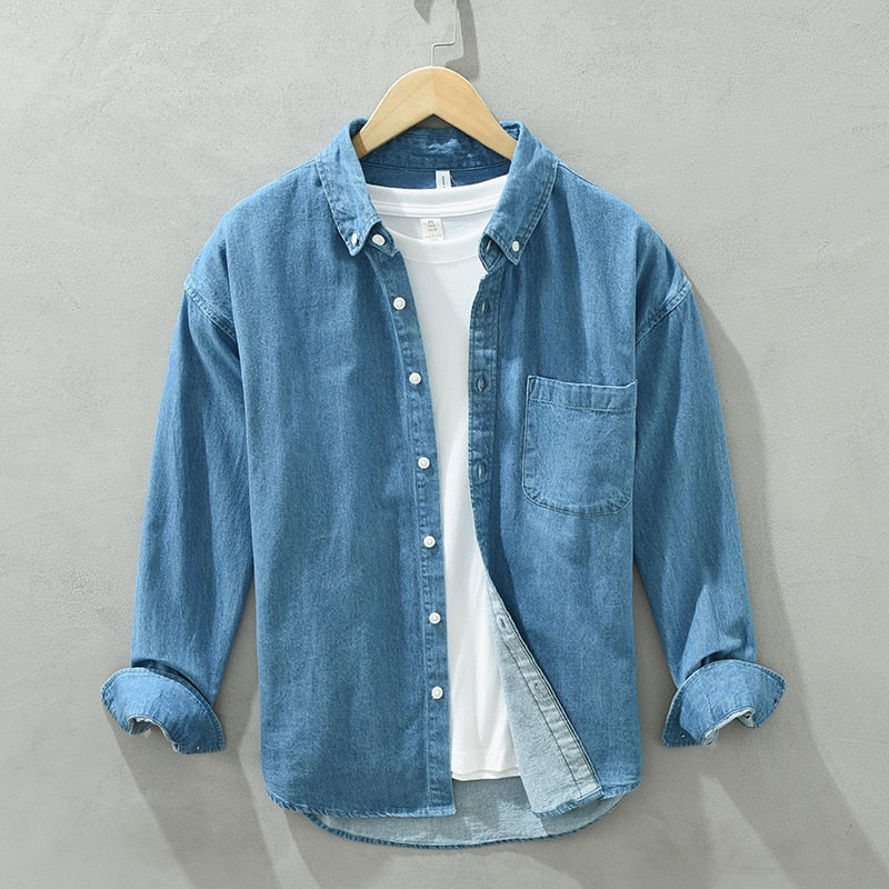 Men Blue Denim Shirt Long Sleeve Soft Cotton Pockets Loose Slight Elastic Jean Tops Male Cowboy Button Shirt