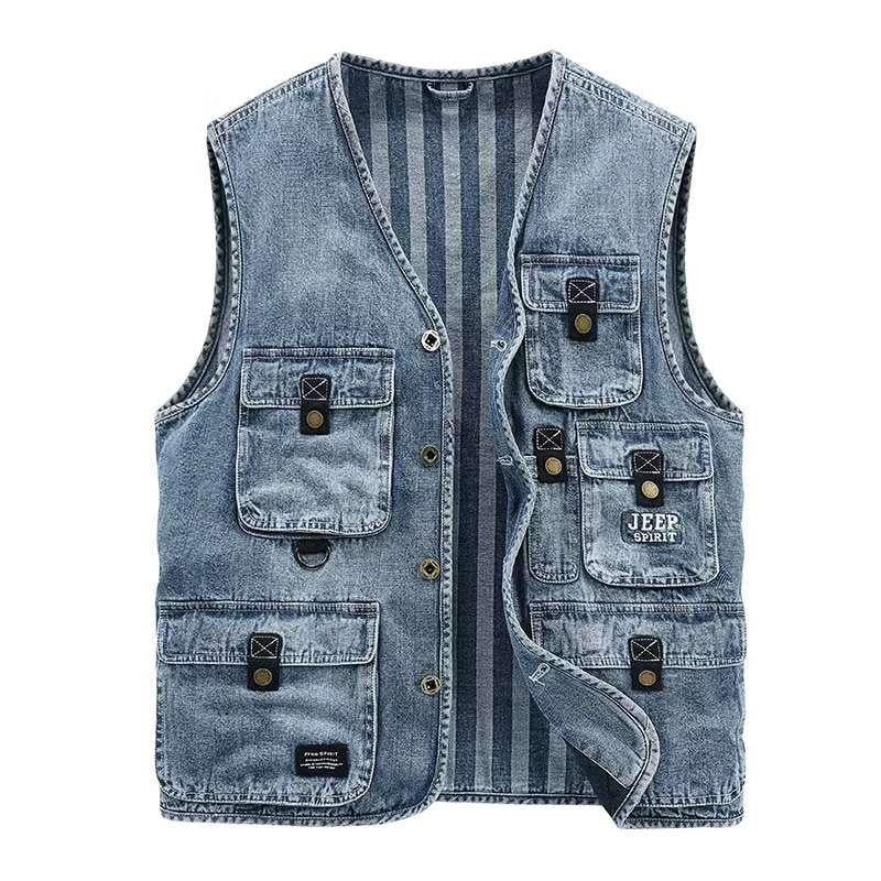 Denim Vest Jacket Men Clothing Casual Jean Black Coats Vests For Men Winter Multi-pocket Sleeveless Work Vest