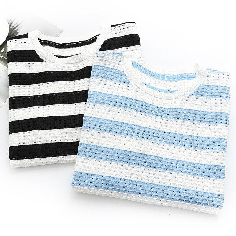 Tee For Women Clothing Hollow Out Tops Sweet Stripe Short Sleeve Thin Ice Silk Knitting Tee