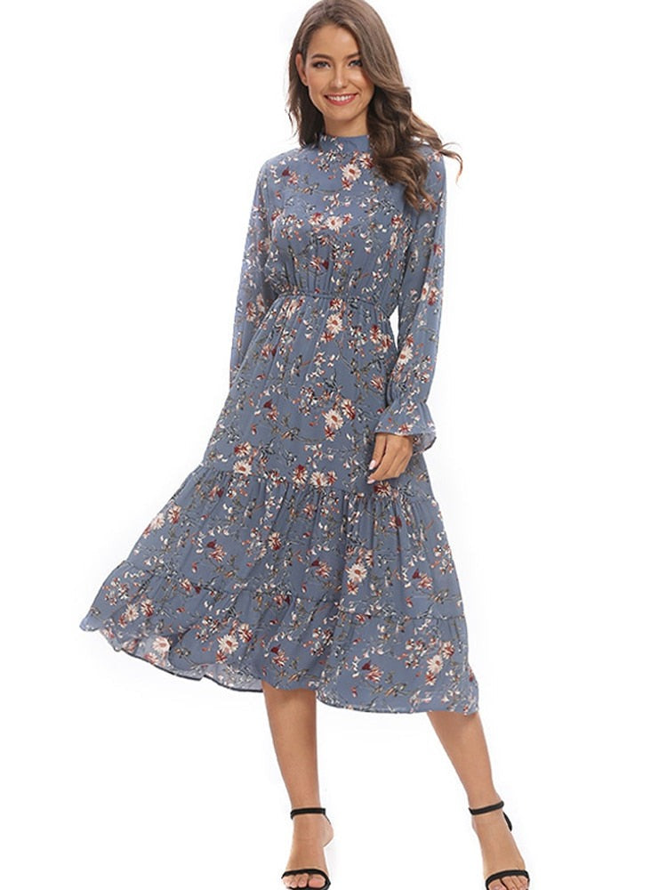 Summer Floral Chiffon Blue Dress Women O-Neck Long Sleeve Lotus Leaf Dress Female Mid Length A-line Chic Ladies Dress