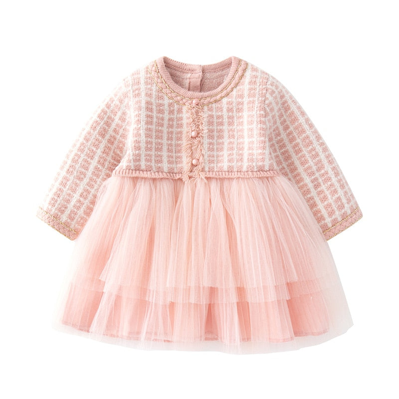 Autumn and Winter Kids Clothing Baby Girl Dress England Style Infant Long Sleeves Pink Knitting Mesh Dress Children Clothes