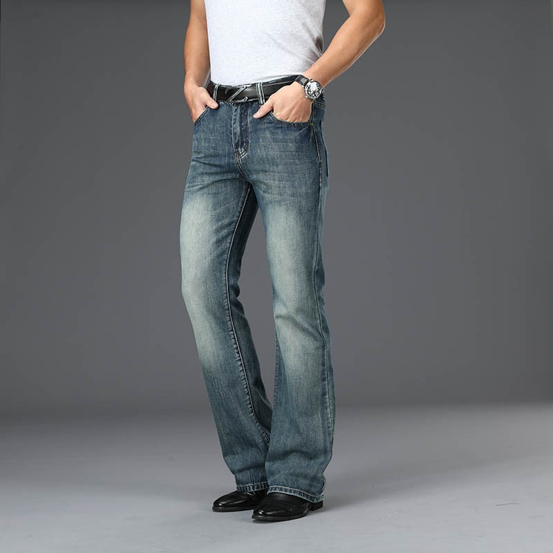 Mens Four Seasons New High-Waist Flared Jeans High-Quality Loose Wide-Leg Casual Pants