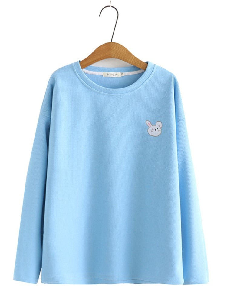 Sweatshirts Women Clothing Cotton Waffle Pullovers Embroidered Cartoon O-Neck Long Sleeve Hoodies