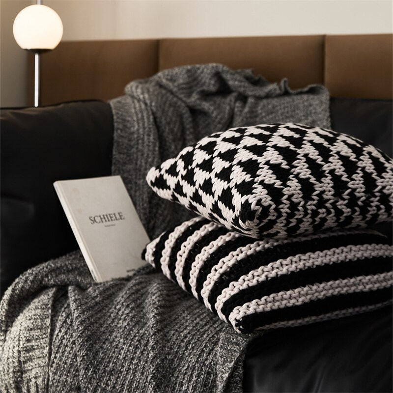 Decoration Cushion 45x45cm Handmade Pillow Geometric Black Ivory Knit Stipe Woven Home Pillow Square Including Inner filler