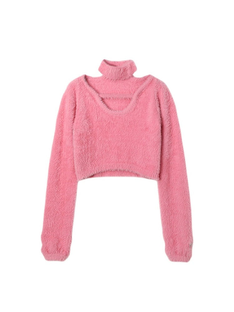 Hollow Out Long Sleeve Pink Crop Top Female Clothing Casual Pullover Sexy Sweater Women Corset Clothes Aesthetic