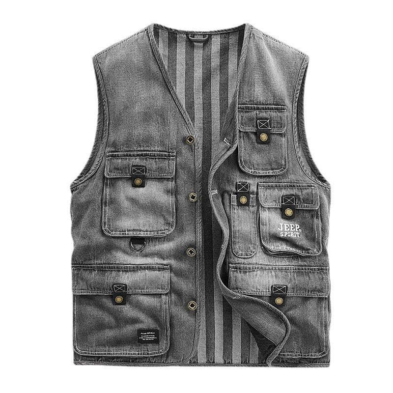 Denim Vest Jacket Men Clothing Casual Jean Black Coats Vests For Men Winter Multi-pocket Sleeveless Work Vest