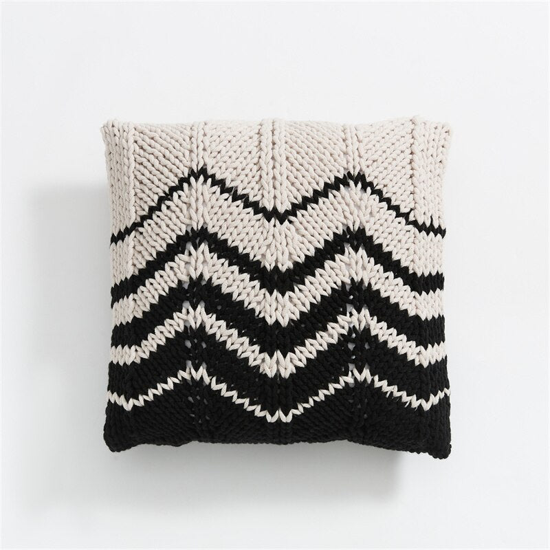 Decoration Cushion 45x45cm Handmade Pillow Geometric Black Ivory Knit Stipe Woven Home Pillow Square Including Inner filler