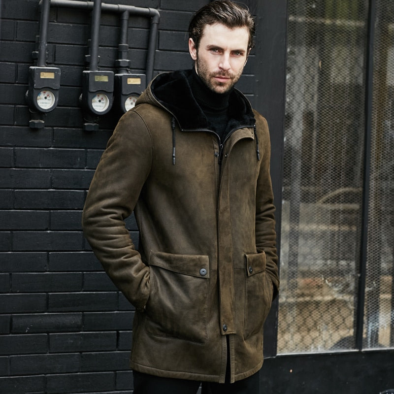 Winter Fur One Men Clothing Original Genuine Leather Men Real Coat Long Hooded Overcoat