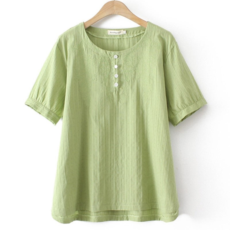 Women Clothing Cotton Jacquard Embroidery Button Tops Loose And Casual Curve Tee Summer