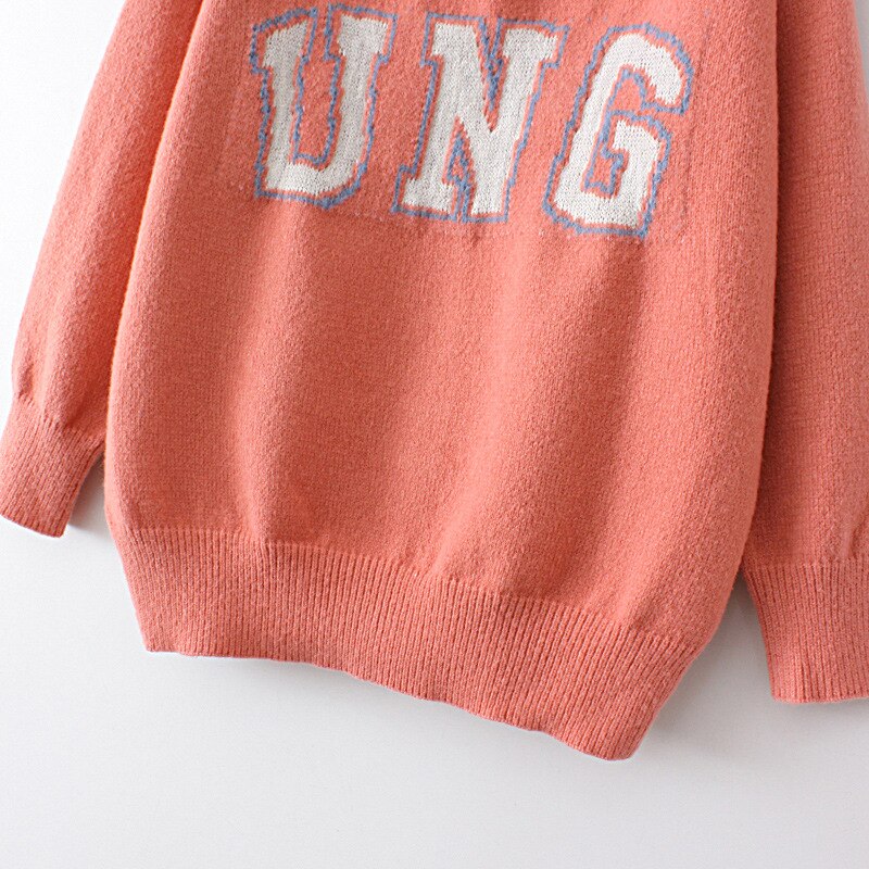 Woman Clothing LOOSE Knitted Pullover Letter Dobby Peter Pan Collar Curve Jumper Winter