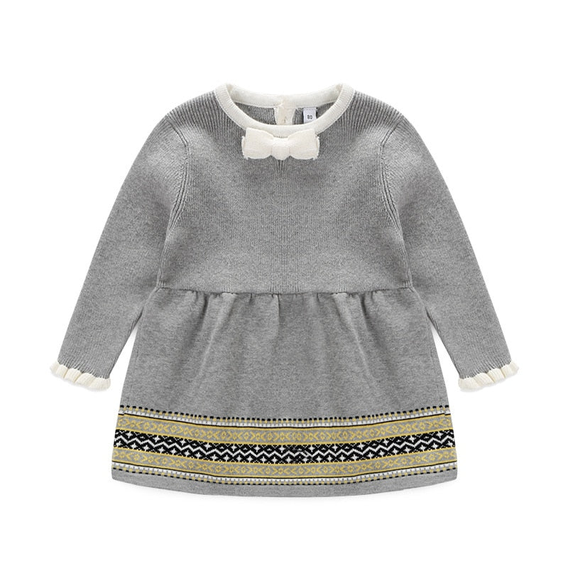 Spring and Autumn Kids Clothing Baby Girl Gray Cotton Knitting Dress Infant Bow Dress Long Sleeves Outing Children Clothes