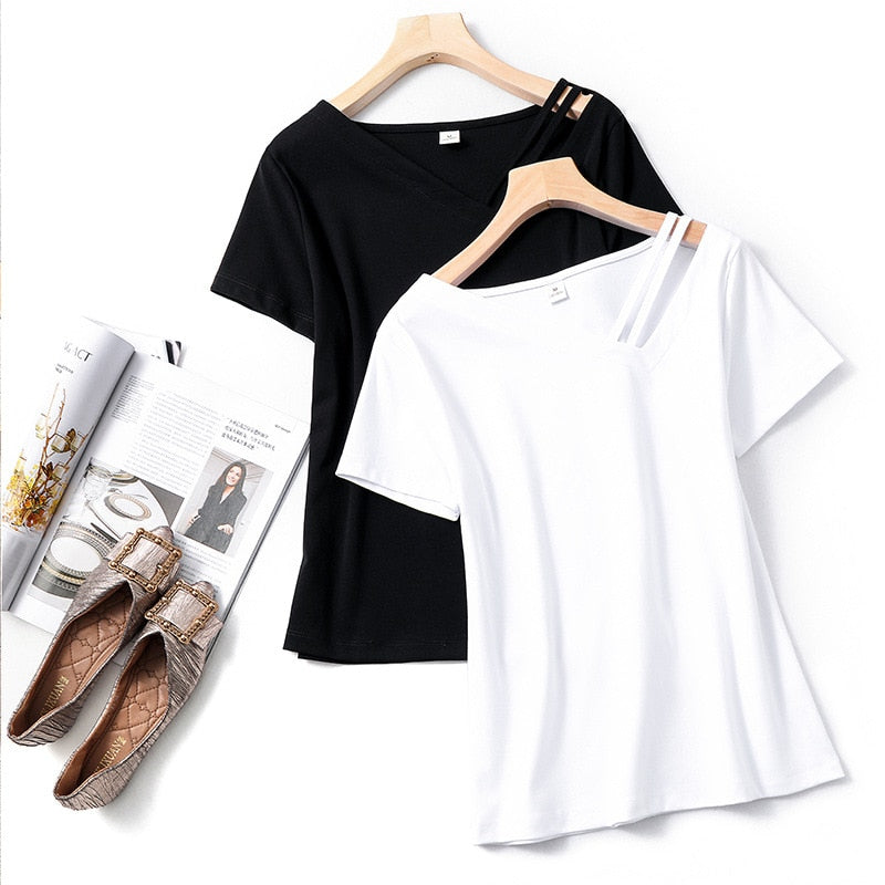 Women Sweetshirts Short sleeve womens clothing Black white T-shirts for Girls Skew Collar Summer Clothes Design Woman clothes