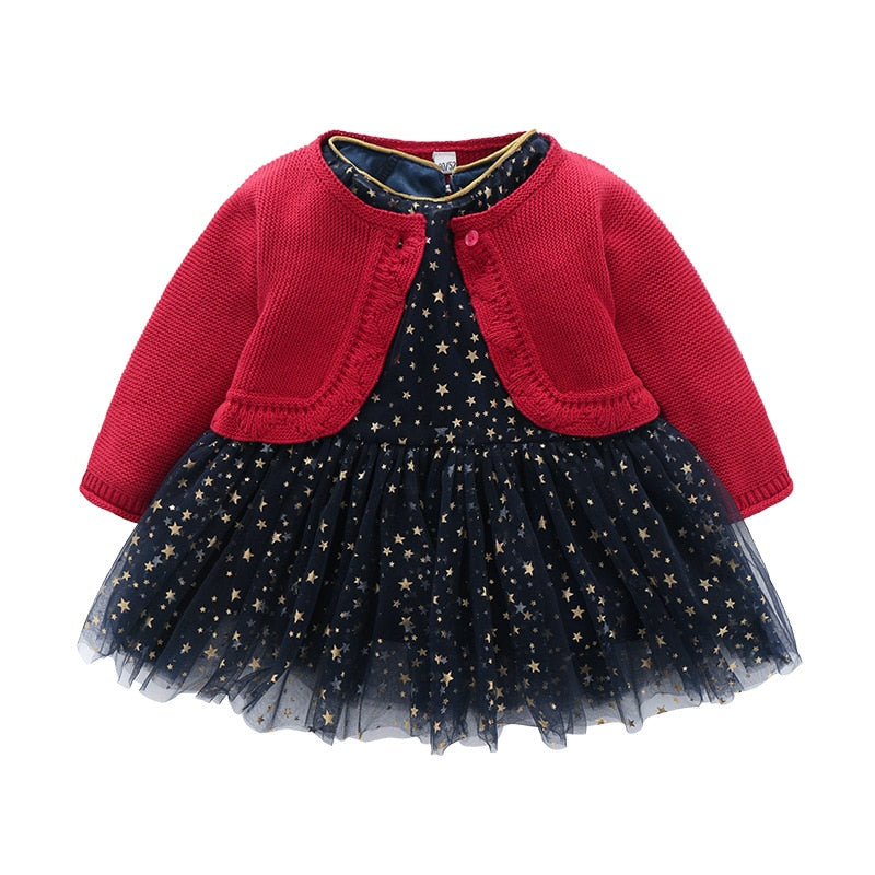 Spring and Autumn Kids Clothing Baby Girl Sets Infant Red Knitting Cardigan Star Mesh Dress Suit Outing Children Clothes