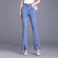 Women Summer New Front Slit Micro-Flare Jeans Are Tall And Thin Light Blue Wide-Leg Casual Pants