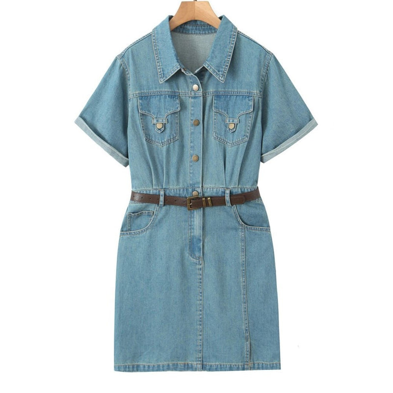 Dress Women Clothes Summer Short Sleeve Belt Chic Retro Denim One-Piece Oversized Curve