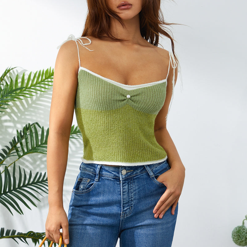 Women Crochet Knit Crop Camis Pearl Backless Top Sleeveless Lace-up Beach Camisole Trendy Streetwear