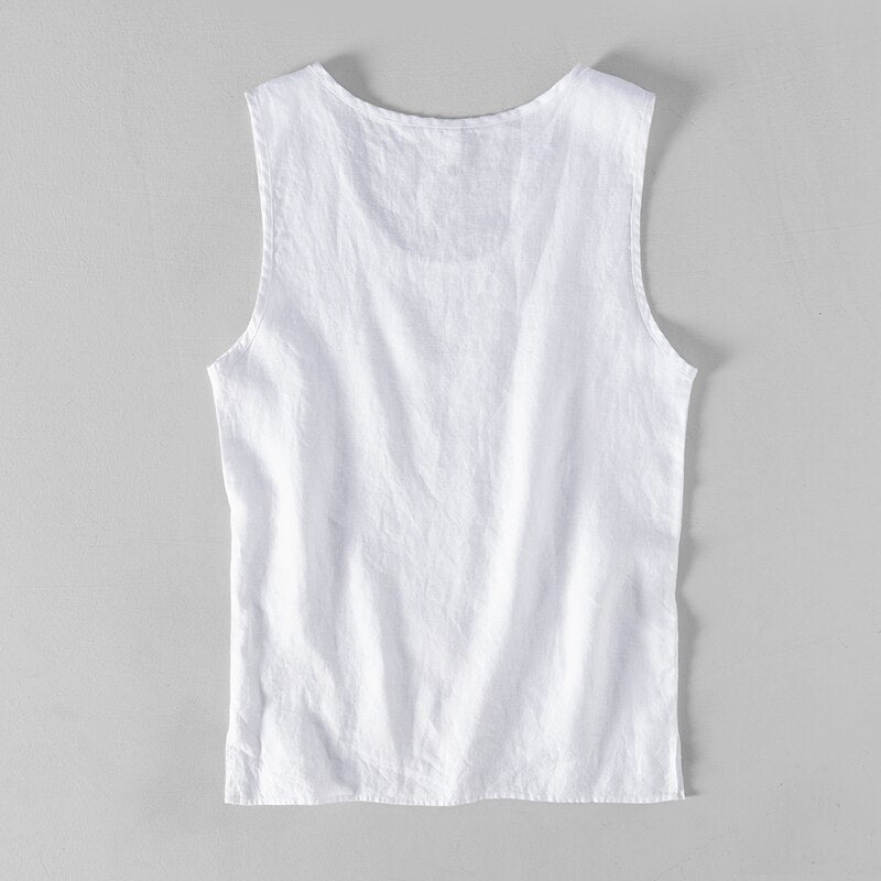 Pure Linen Sleeveless White Tank Top Men Summer Solid Breathable Vest Tees Casual Man Vests