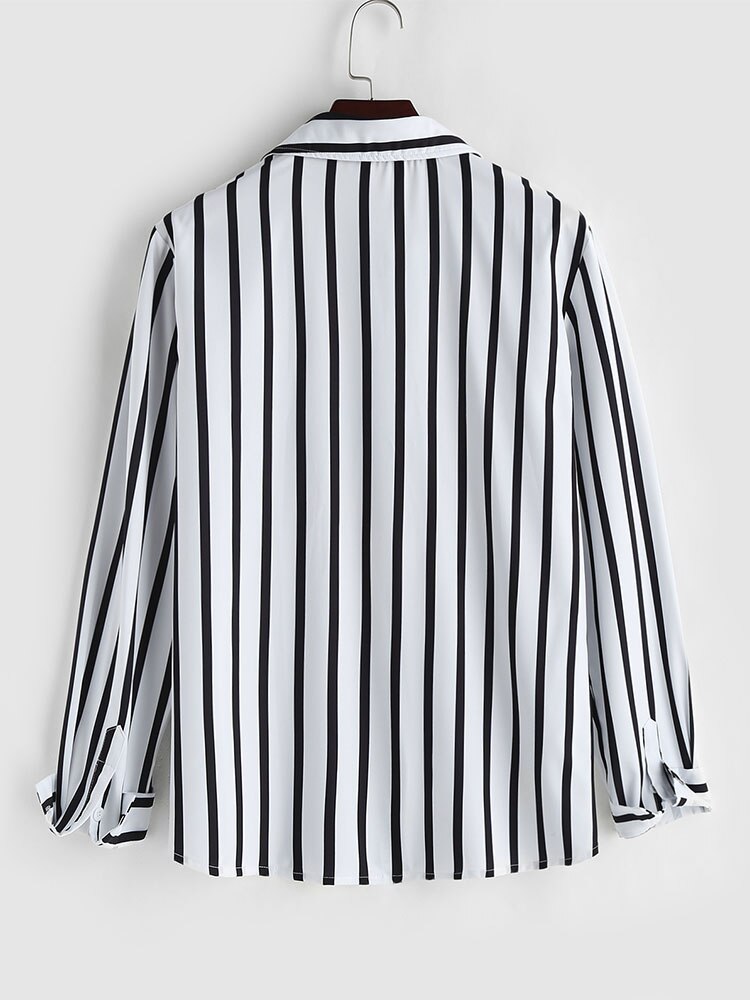 Men Long-Sleeved Shirt Black And White Vertical Stripes Lapel Daily Casual Regular Version Autumn New Blouse