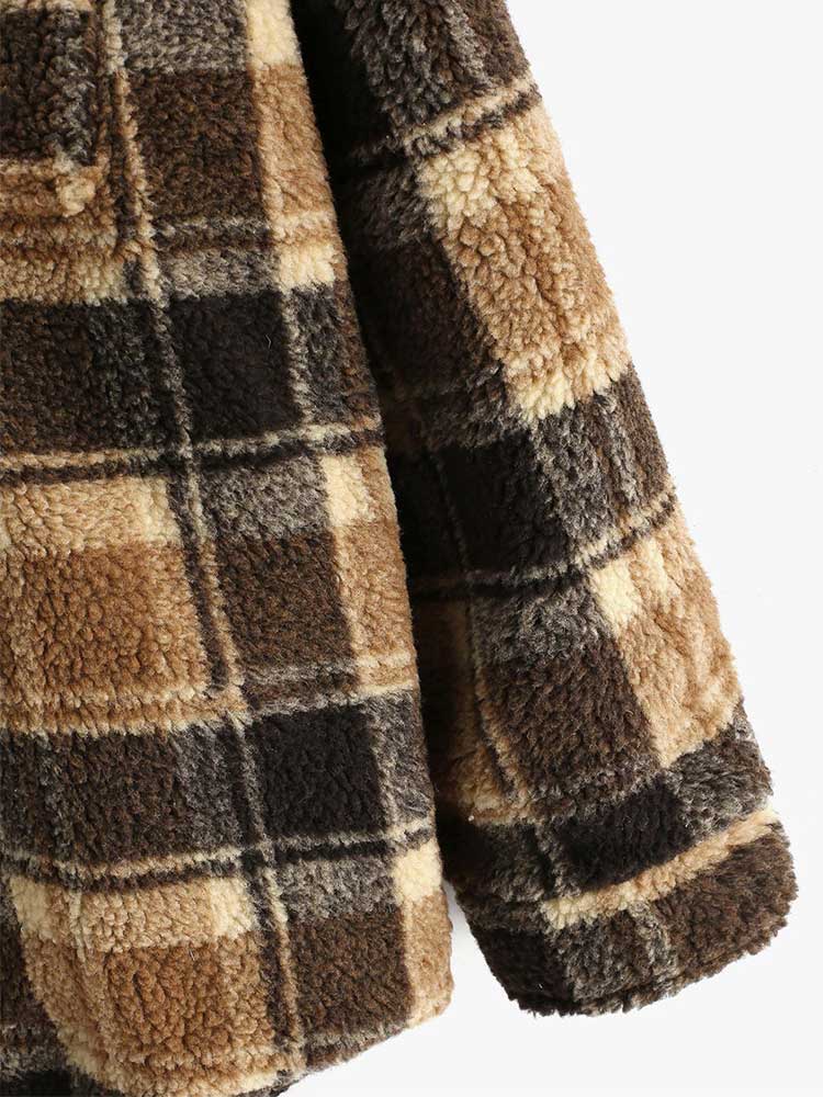 Jacket for Men Plaid Fluffy Fleece Shirt Jacket with Pocket Button-up Faux Fur Sherpa Fall Winter Streetwear Topcoats