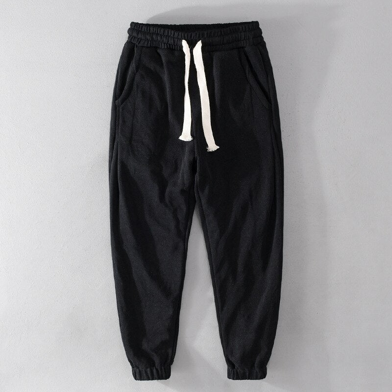 Men Casual Pants Spring Fall Trendy Premium Simple Loose Solid Drawstring Elastic Knitting Ankle Length Trouser