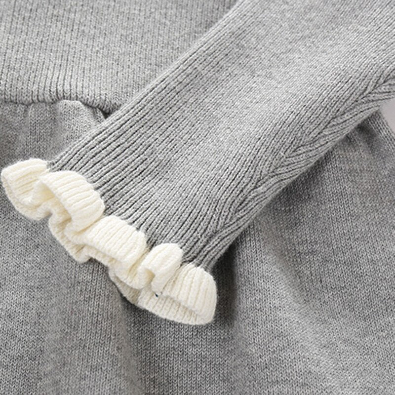 Spring and Autumn Kids Clothing Baby Girl Gray Cotton Knitting Dress Infant Bow Dress Long Sleeves Outing Children Clothes