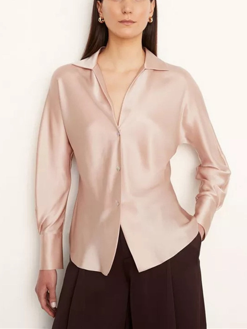 Elegant Ladies Solid Color Silk Satin Shirt Spring New Women Lantern Sleeves Single-Breasted Turn-Down Collar Blouse