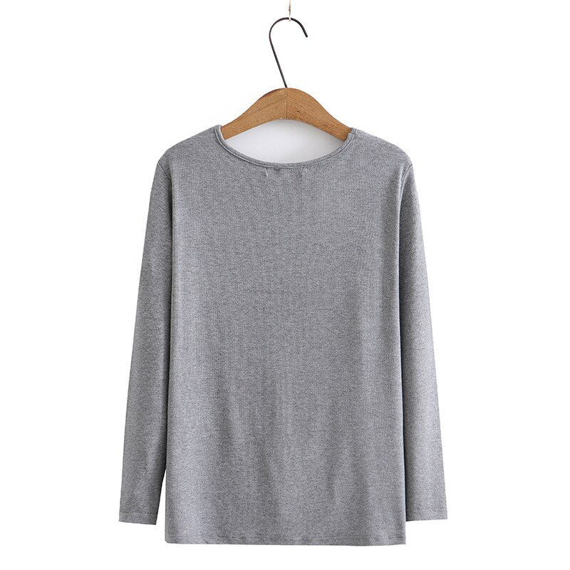 Long Sleeve T-shirt Women Clothing Solid Color V-Neck Bottoming Tops Autumn Loose Casual Basics Tees