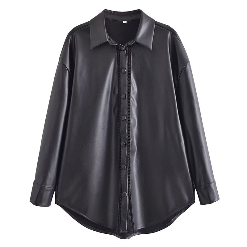 England Lace Splicing Black Leather Shirt Casual Blouse Women