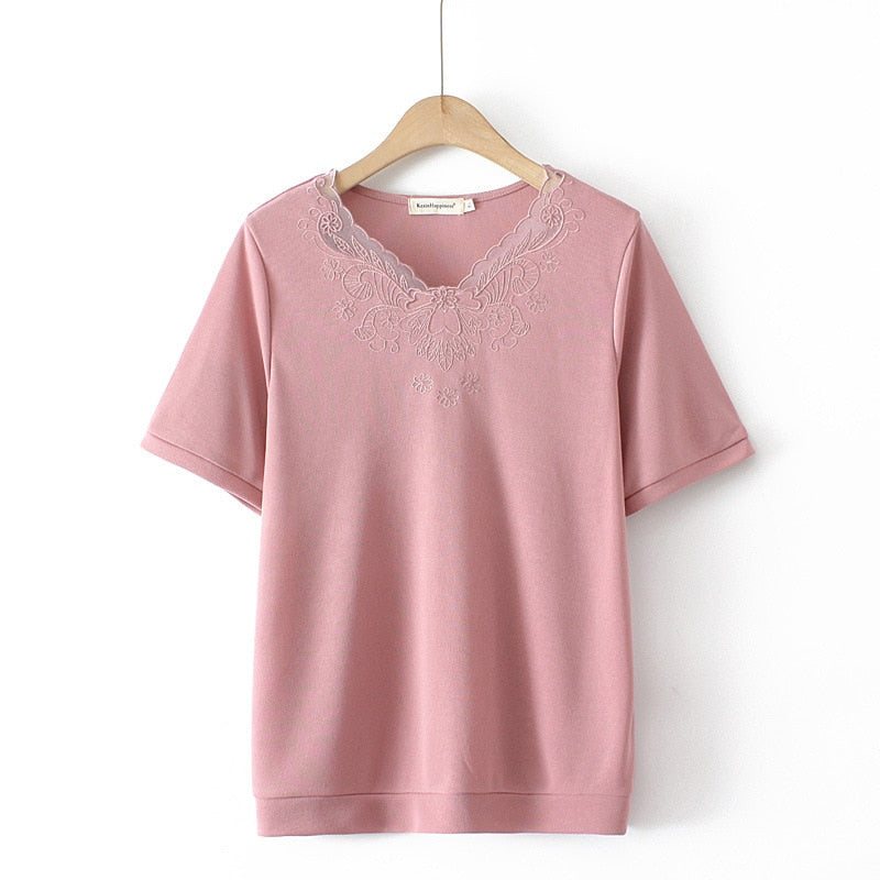 Women Clothing Fashion Lace Collar Ice Silk Knitting Embroidery Tops Casual Curve Tees Summer