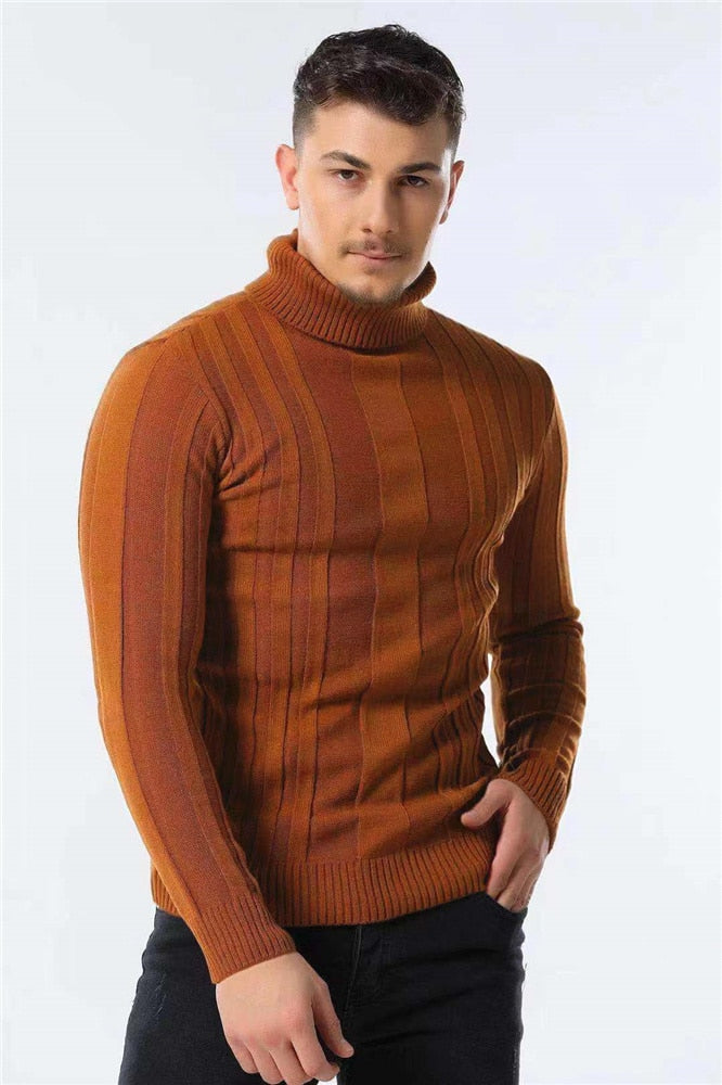 Slim Fit Pullovers Turtleneck Men Casual Basic Solid Color Warm Striped Sweater Mens New Winter Sweaters Male