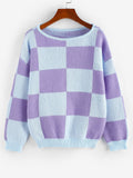 Checkered Drop Shoulder Jumper Sweater Women Round Neck Casual Pullover Spring Autumn Winter Top Female