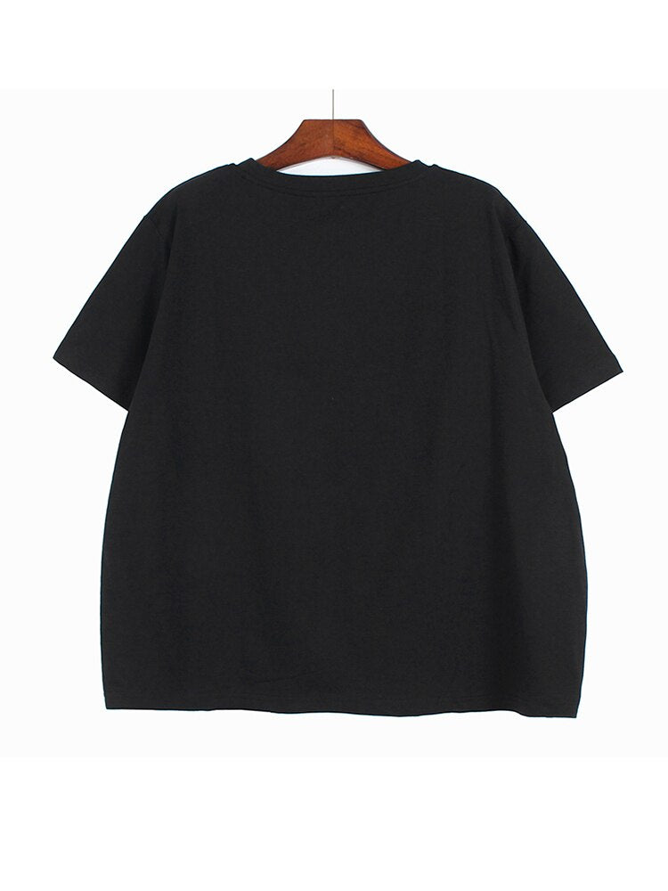 Women Black Dot Striped Big Size Casual T-shirt New Round Neck Short Sleeve Tide Spring Summer