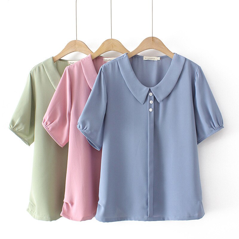 Shirt For Women Clothing Peter Pan Collar Ice Silk Puff Sleeve Curve  Tops Loose Blouses Summer