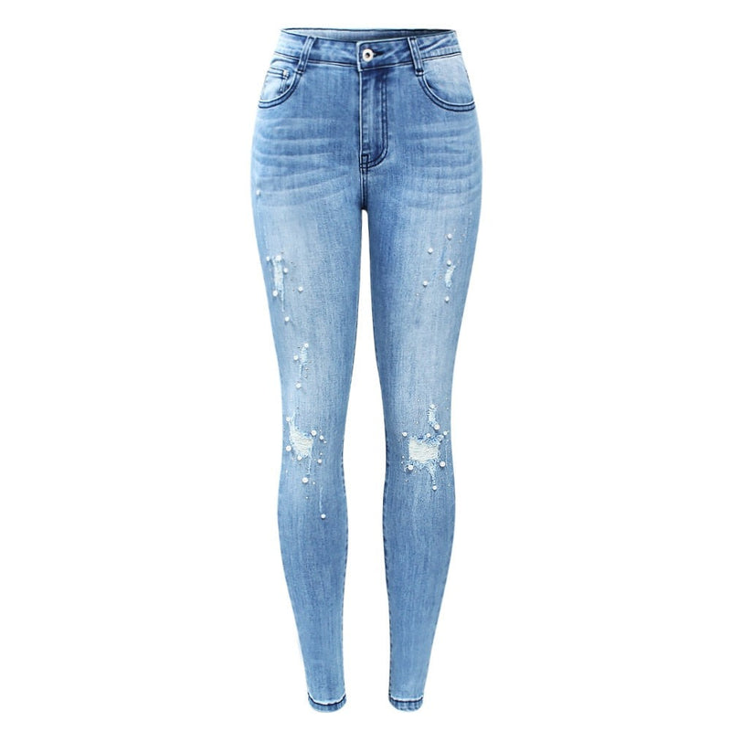 Ripped Jeans With Beads Woman Stretchy Denim Skinny Pants Trousers For Women Jeans