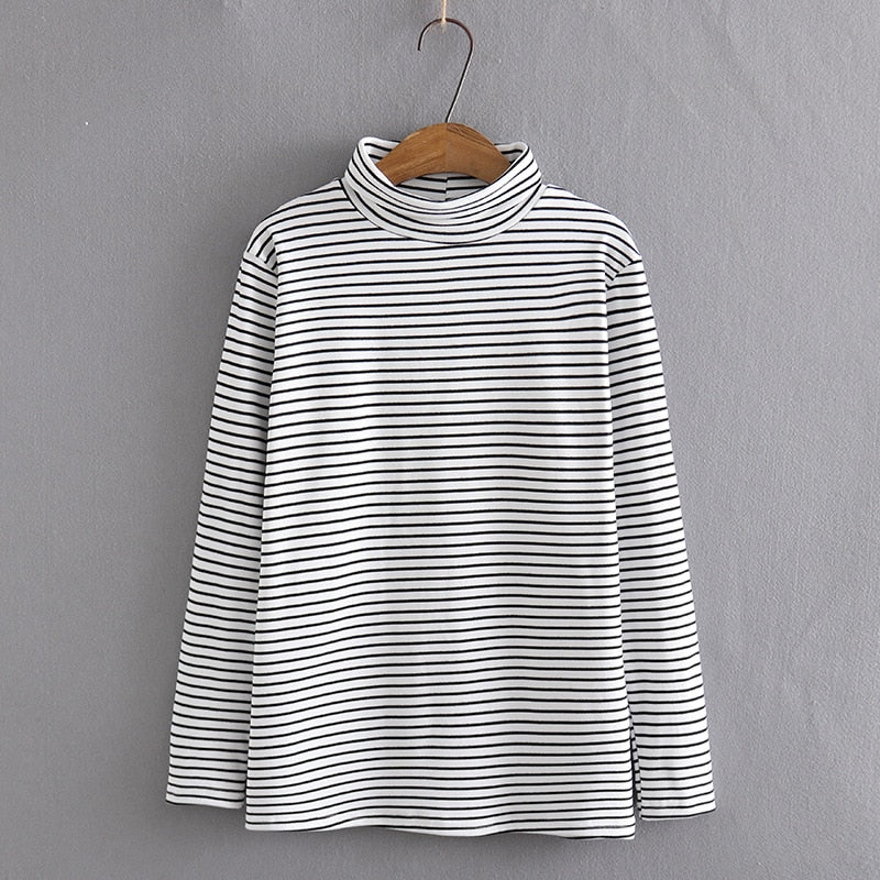 Women Clothing Autumn Winter Striped Long Sleeve Warm Thick Velvet Turtleneck