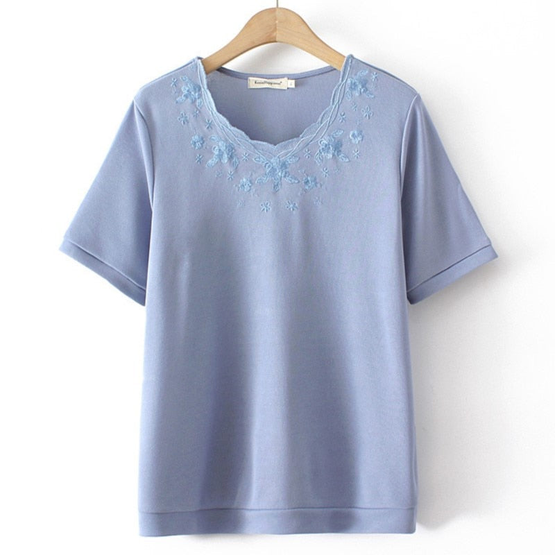 Women Clothing Fashion Embroidered Ice Silk Knitting Tops Loose And Casual Curve Tees Summer