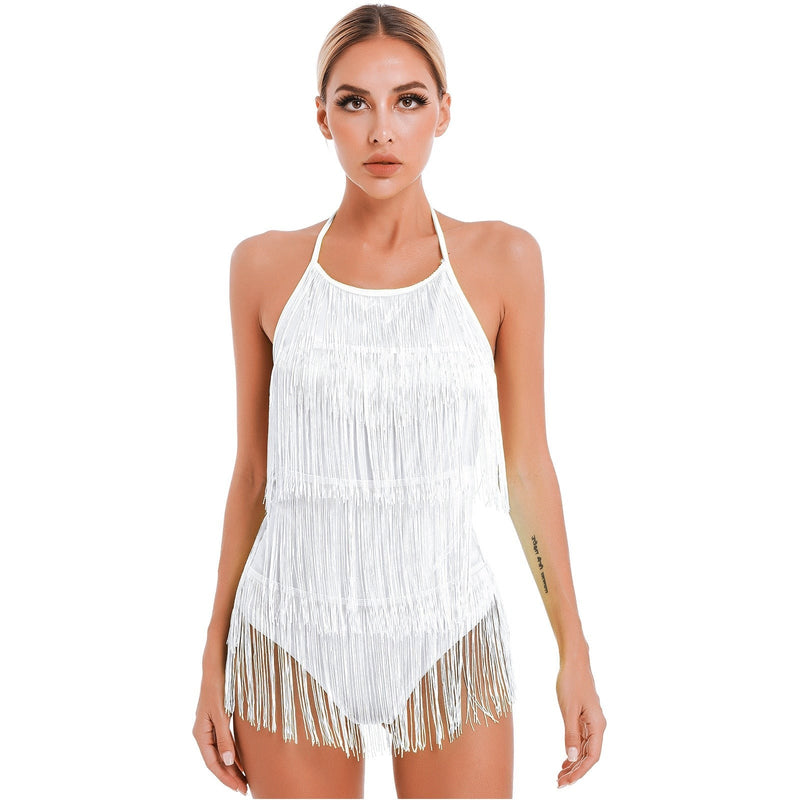 Womens Latin Samba Dance Costume Lace-up Halter Tassel Bodysuit Backless Fringed Jumpsuit Party Dancewear