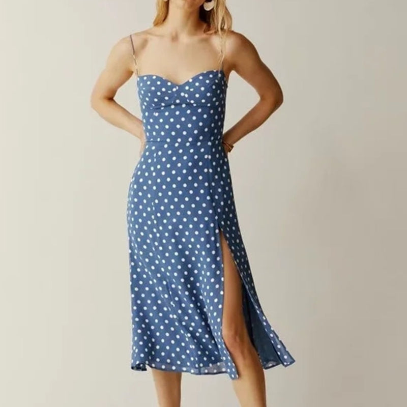 Elegant Party Midi Dress Women France Style Indie Folk Blue Polka Dot Sexy Summer Suspender Dress