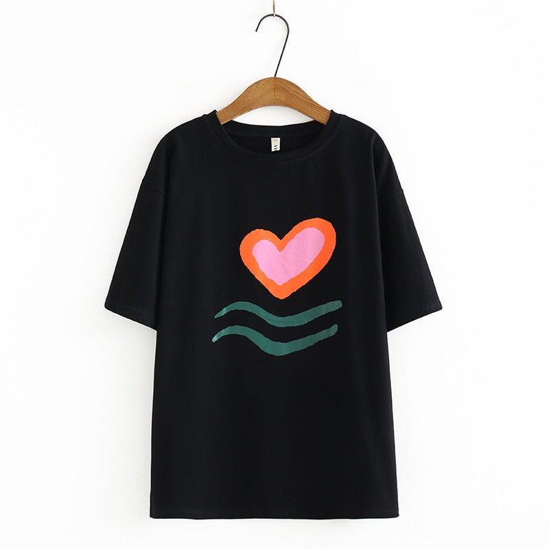 Women T-Shirt Cotton Summer Casual Heart Short Sleeves Tops