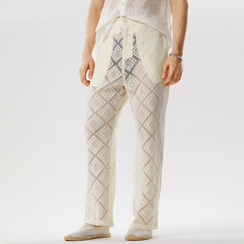 American Style Men Trousers Sexy See-through Lace Long Pants Male Diamond Patterned